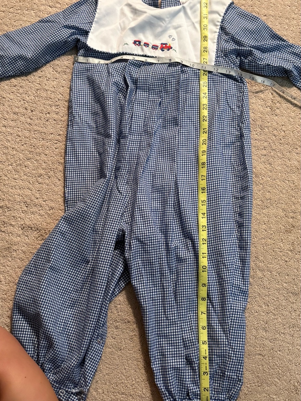 Petit Ami Blue Gingham Boys One-Piece Romper with White Bib and Embroidery